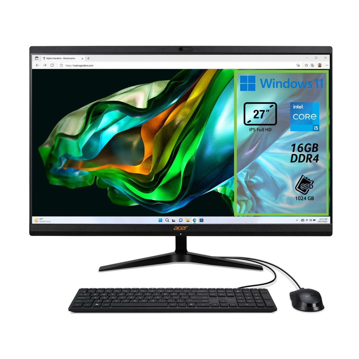 Acer Aspire C27-1800 - Ordenador Fijo Todo en uno, PC de sobremesa, procesador Intel Core i5-12450H, RAM 16GB DDR4, 1TB SSD, Pantalla de 27" IPS FHD LED LCD, Intel UHD, Wifi, Webcam, Windows 11 Home