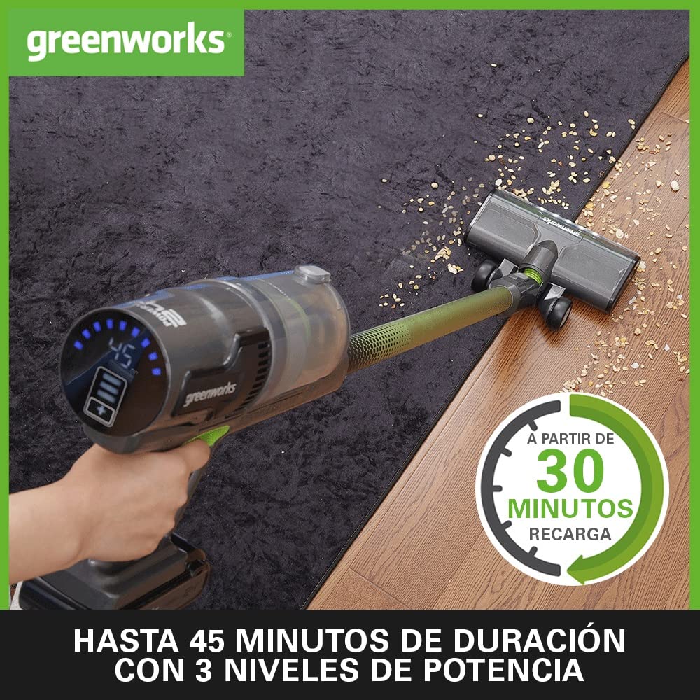 Greenworks GD24SV Aspiradora sin Cable, Gran Poder de Succión, 45 min de Operación, Filtro HEPA, Herramienta para el Pelo de Mascotas, 3 Niveles de Energía SIN Batería ni Cargador, Garantía de 3 Años