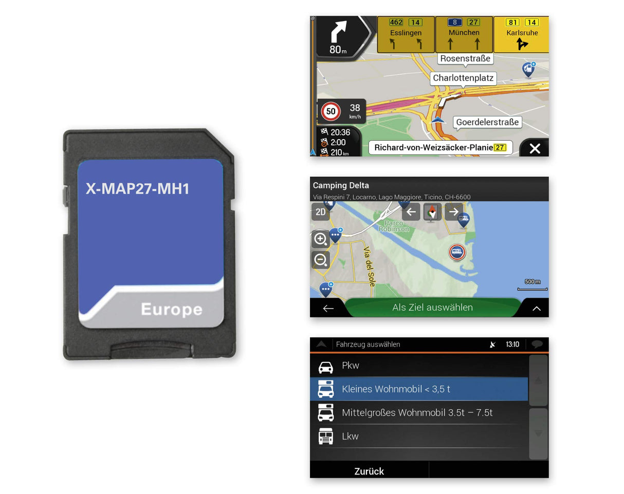 Xzent X-MAP27-MH1: Micro Tarjeta SD con Autocaravana GPS para Xzent Infotainer X-F270, Tarjetas para Europa, Campamento P. O. I. Paquete