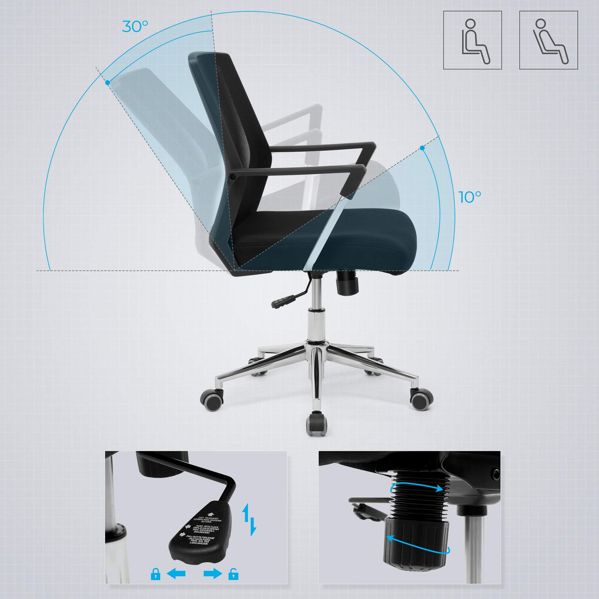 SONGMICS Silla giratoria de oficina, Silla de escritorio de malla Altura ajustable, Negro OBN83B
