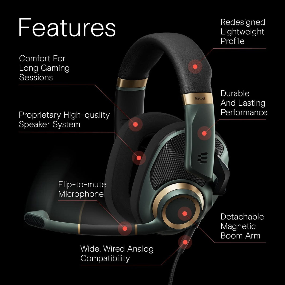 EPOS Auriculares para juegos H6Pro con micrófono, acústica abierta, diadema ligera, cómoda y duradera, para PC, Mac, PS4, PS5, Xbox Series X, Xbox One, Nintendo Switch (verde)