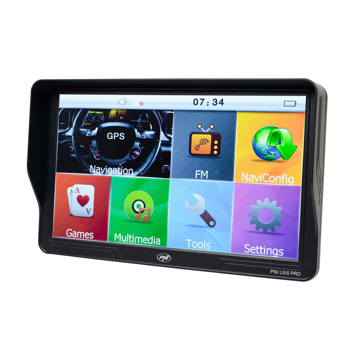 PNI L910 Pro - Navegador GPS con Parasol (9 Pulgadas, 800 MHz, 512 MB DDR, Memoria Interna de 16 GB, transmisor FM, Color Negro)