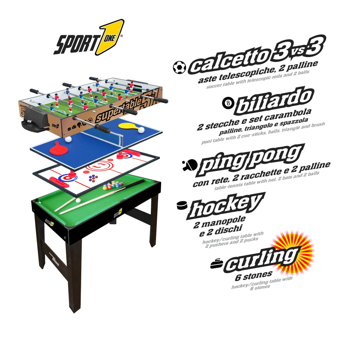 Sport1 Supertable Mini. Futsal multijuego 5 en 1. Futbolín Medidas 97,5 x 48 x 69 cm. Boletín Multiusos: 3 vs 3, Tenis de Mesa, Hockey, Billar, Curling. Incluye Accesorios.