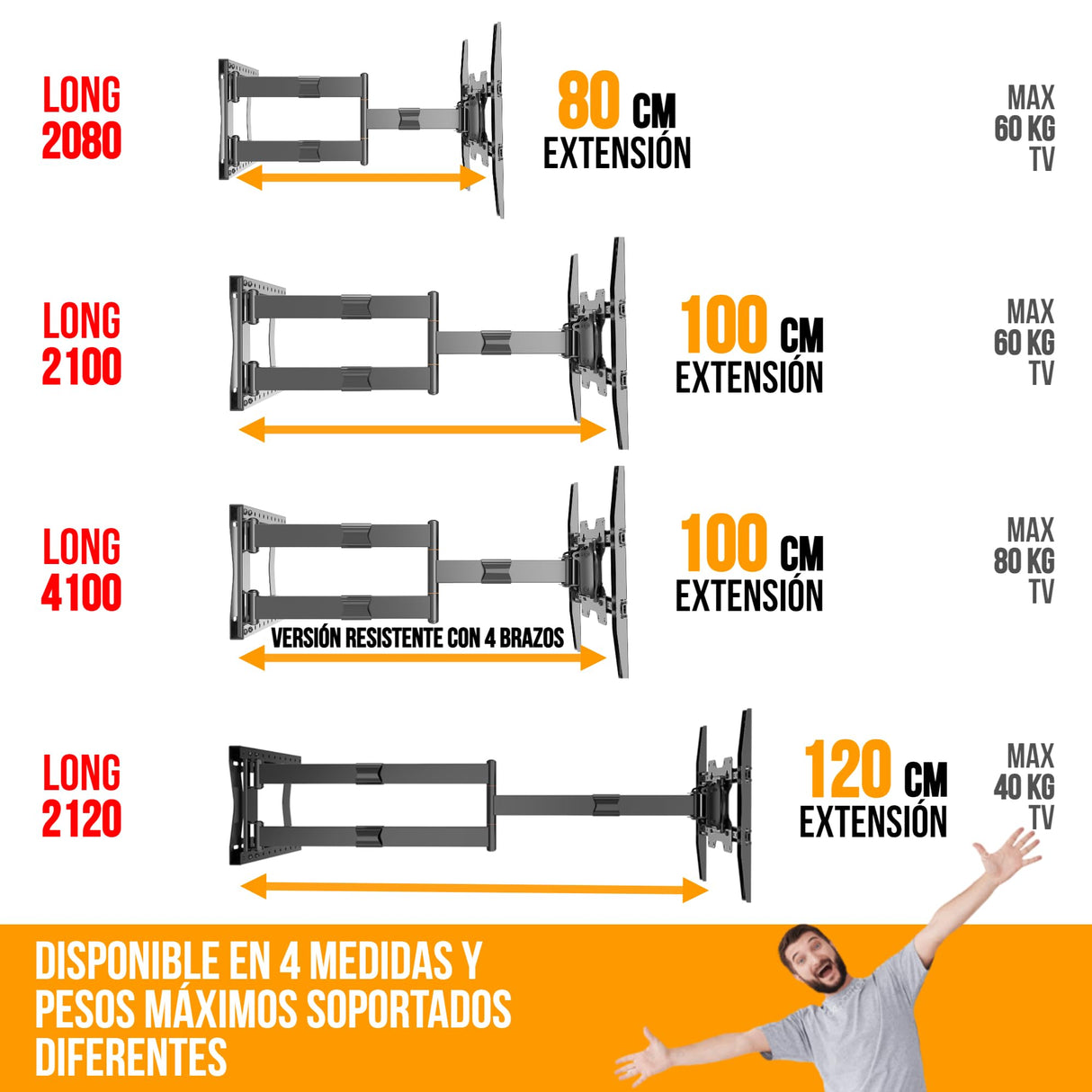 Nanook 4100 Soporte de Pared de Brazo Largo para televisores de 42 a 75 Pulgadas, Extensión Extra Larga de hasta 100 cm, Soporte de TV Que Permite Movimiento Completo, Soporta un Peso de hasta 80 kg