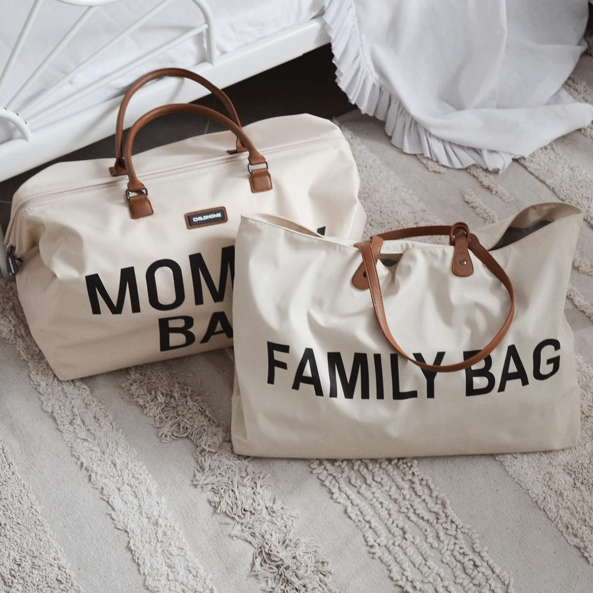 CHILDHOME, Mommy Bag, bolso cambiador, maternidad, bolso de viaje, gran capacidad, cambiador, correa ajustable para el hombro, compartimentado, bolsillo termico, pasaje para la maleta, Crudo y negro