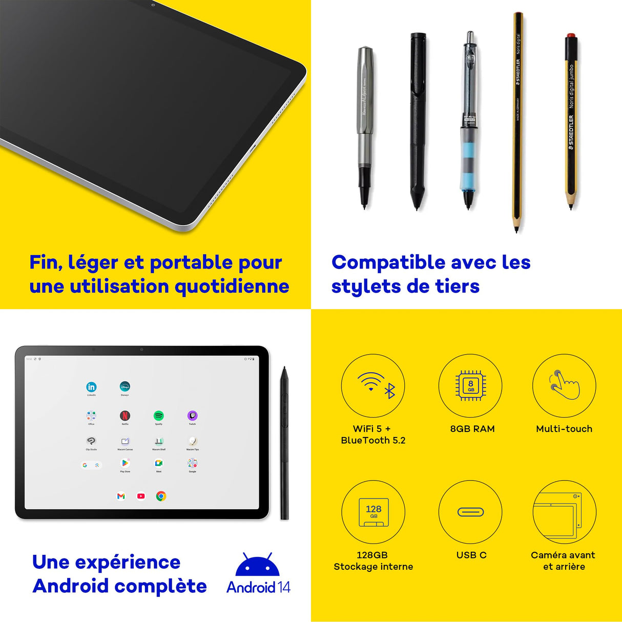Wacom MovinkPad 11, Tablet Android 14 (11″) para jóvenes creativos, con Wacom Pro Pen 3, Pantalla nítida, Cristal antirreflejos, cámaras Frontal/Trasera y apps Creativas preinstaladas.