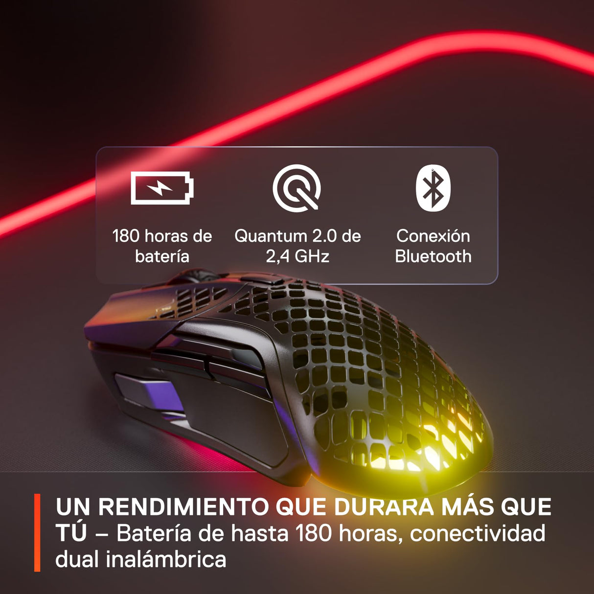 SteelSeries Aerox 5 Wireless - Ratón gaming perforado RGB - Diseño ultraligero resistente al agua - 9 botones - Bluetooth/2,4 GHz - Sensor óptico TrueMove Air 18K DPI