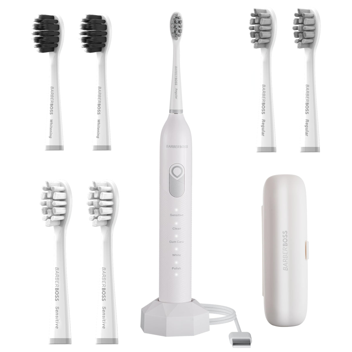 BarberBoss Cepillo de dientes eléctrico inteligente para adultos, 6 cabezales de repuesto, 5 modos de limpieza, sensor de presión, temporizador de intervalo cuádruple y carga USB, cepillo de dientes