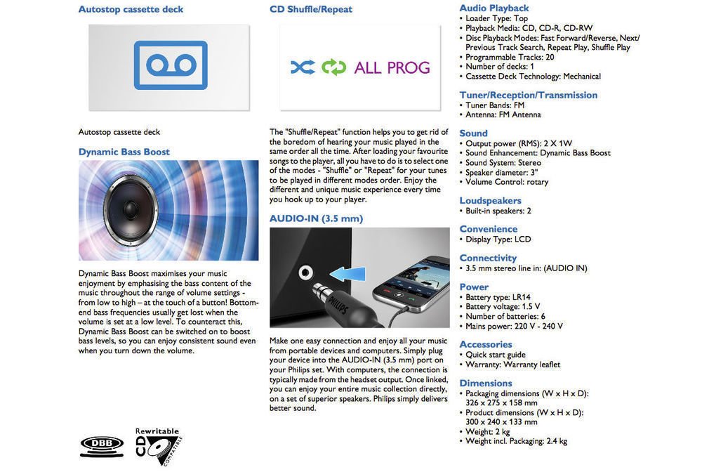 Philips Boombox AZ127/12 Reproductor de CD Casete Radio FM y Entrada de Audio Portátil