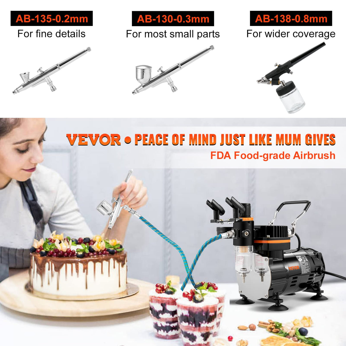 VEVOR Kit de Aerógrafo 120 W Kit Aerógrafo con Compresor 37 x 17 x 32 cm Kit de Aerografía Portátil con Mayor Presión, Excelente Compatibilidad y Certificado Alimentario FDA, Ampliamente Utilizado