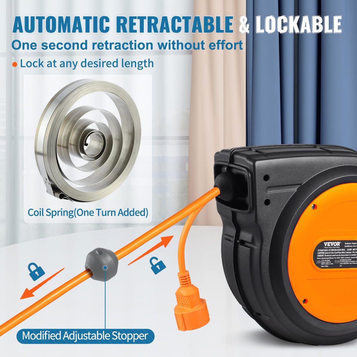 VEVOR Carrete de Cable de Extensión Retráctil 19 m 1600 W con Cable de Alimentación de 1 m Protección contra Sobrecalentamiento Carcasa de PP, Soporte Giratorio de 180° para Montaje en Techo, Pared