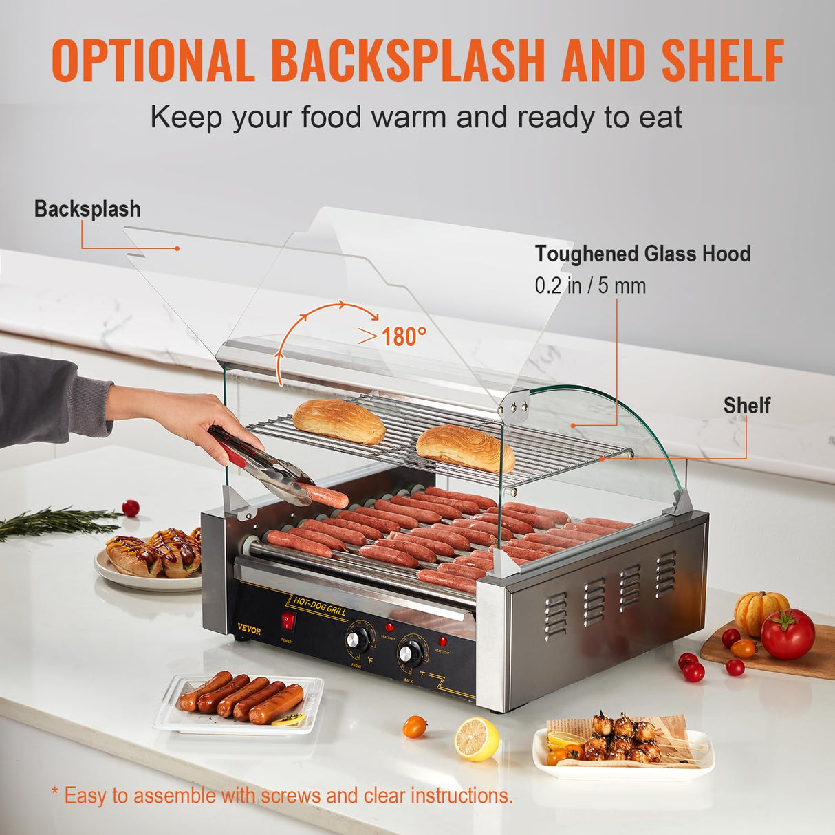 VEVOR Máquina de Rodillos para Perros Calientes de 56,2 x 47,5 x 44,2 cm con una Parrilla de Acero Inoxidable de Calidad Comercial, 50 °C-250 °C, 2,2 kW, para Puestos de Comida, Fiestas y Barbacoas