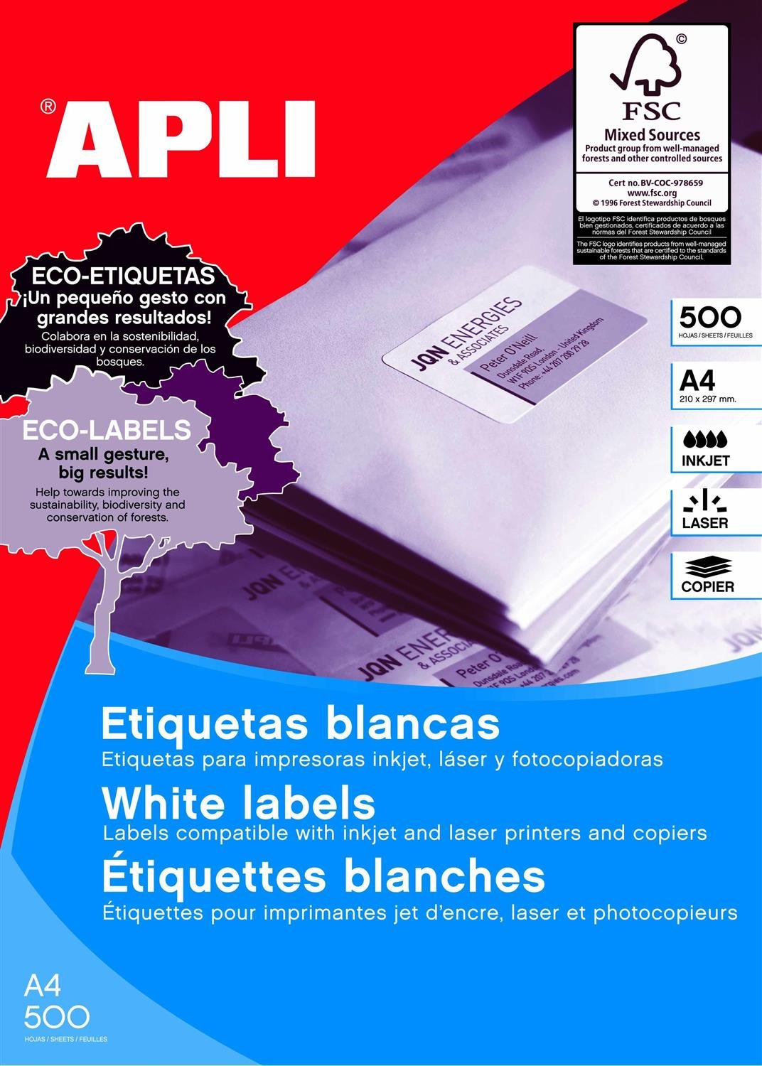 APLI 1787 - Etiquetas blancas permanentes adhesivas imprimibles, Inkjet-Laser-Copy, tamaño etiqueta 210 x 148 mm, cantos rectos, pack de 500 hojas A4 (1000 etiquetas), ideal para sobres