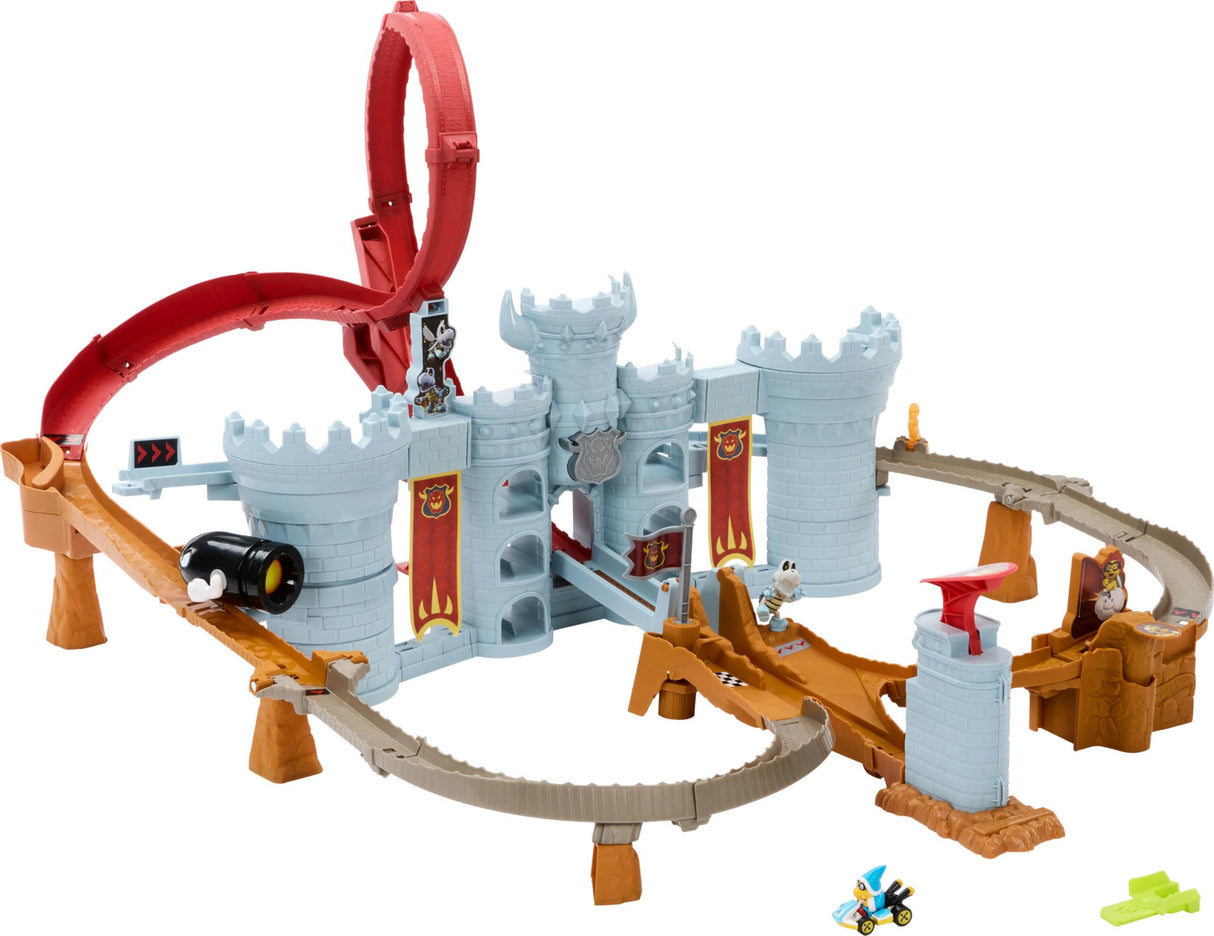 Hot Wheels Mario Kart Castillo de Bowser Conjunto de juego de pistas y coche de juguete metálico a escala 1:64 de Kamek, juego interactivo, capacidad para almacenar más de 30 vehículos, JHD24