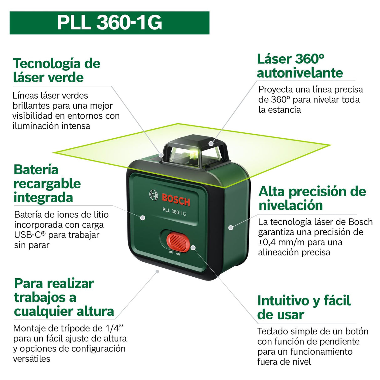 Nivel láser PLL 360-1G de Bosch (láser verde de 360°, autonivelante, precisión de ±0,4 mm/m, batería recargable de iones de litio integrada, carga USB-C®, en caja de cartón)