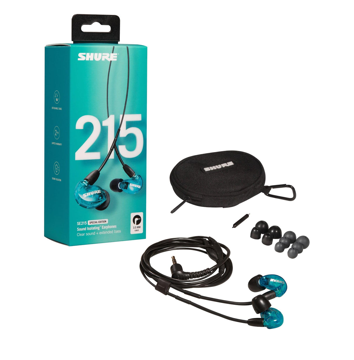 Shure SE215SPE-EFS - Auriculares Profesionales con cable sobre la oreja, aislamiento de sonido con microtransductor dinámico, sonido detallado con bajos profundos, cable de 3.5 mm, Azul