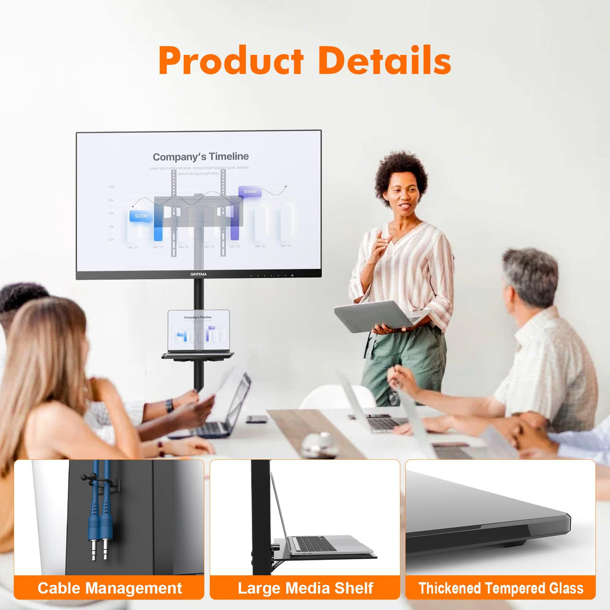 GRIFEMA GB3002 Soporte TV Pie Universal para Televisores de Plasma/LCD/LED hasta 85 Pulgadas, Soporte TV Suelo con EEstantes de Vidrio Templado de 2 Niveles, hasta 60 kg, VESA MÁX. 400x800mm