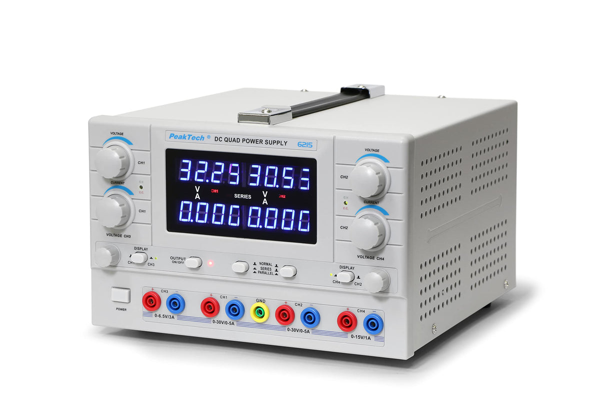 PeakTech Linear DC fuente de alimentación de laboratorio de modulación de dispositivo 4 CH 2 x 0 – 30 V/0 – 5 A, DC 3 – 6,5 V/3 A, 8 – 15 V/1 A, 1 pieza, P 6215