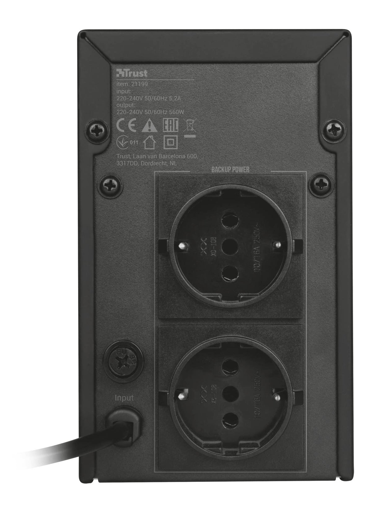 Trust Oxxtron - Sistema de alimentación ininterrumpida, 1000 VA con 2 enchufes de Pared, Negro