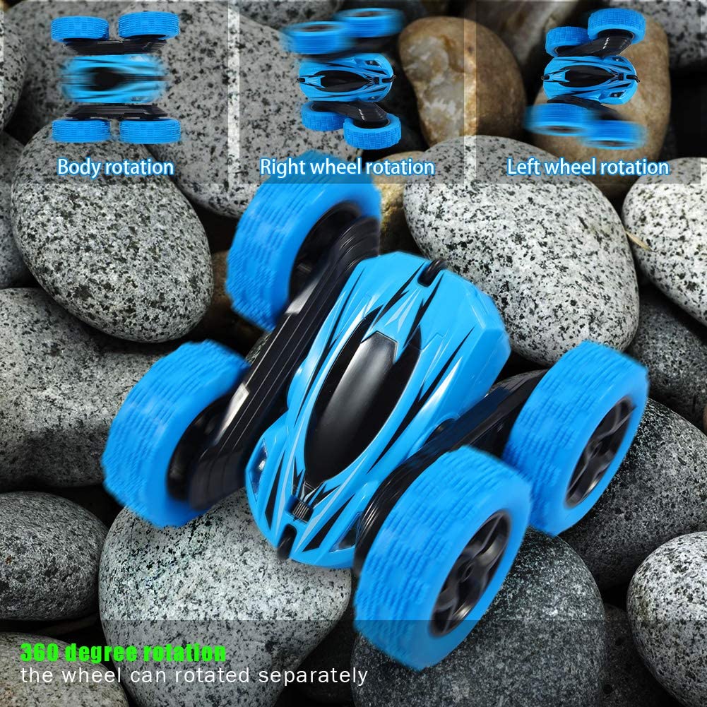 FunsLane RC Stunt Car con Control Remoto, 2.4 GHz RC Racing Trucks Off Road, 4WD Doble Cara 360 ° Giros y Volteretas RC Crawler Juguetes al Aire Libre para niños, Azul
