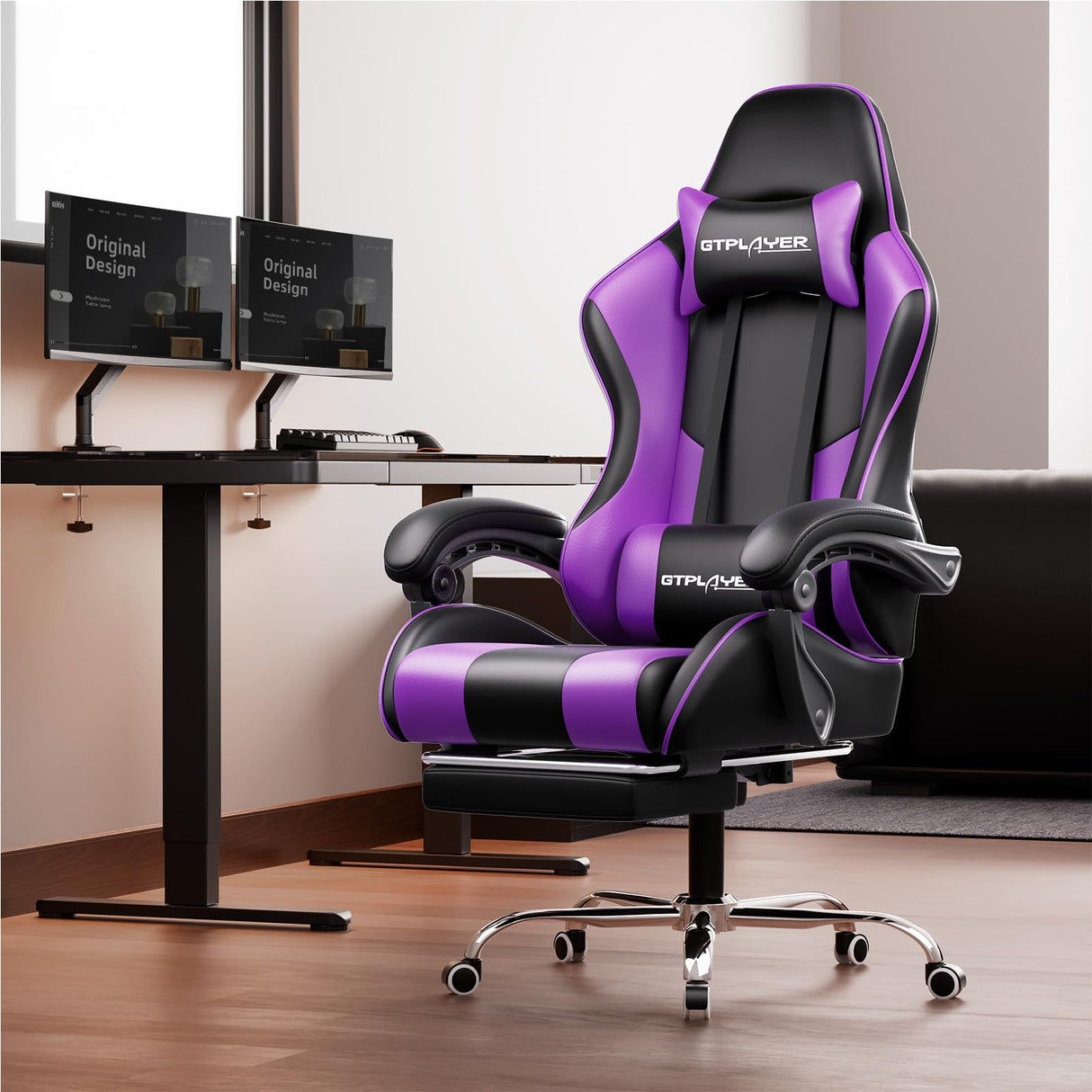 GTPLAYER Silla Gaming con Masajeador Ergonómica Silla Gamer con Reposapiés Reposacabeza, Silla de Oficina Ergonómica, Soporte Lumbar, Silla Juego Ajustable en Altura, Púrpura