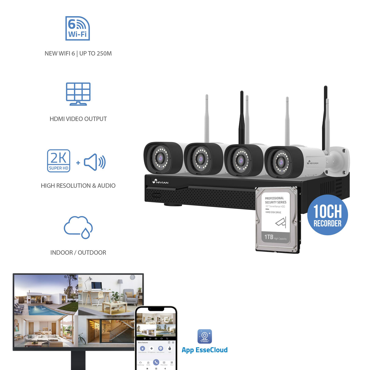 NIVIAN Kit Camaras de Vigilancia Profesional WiFi SuperHD con 4 Cámaras IP y Grabador con Disco Duro 10CH - para Casas y Negocios - Visión Nocturna, Detección Humana IA, Audio Bidireccional