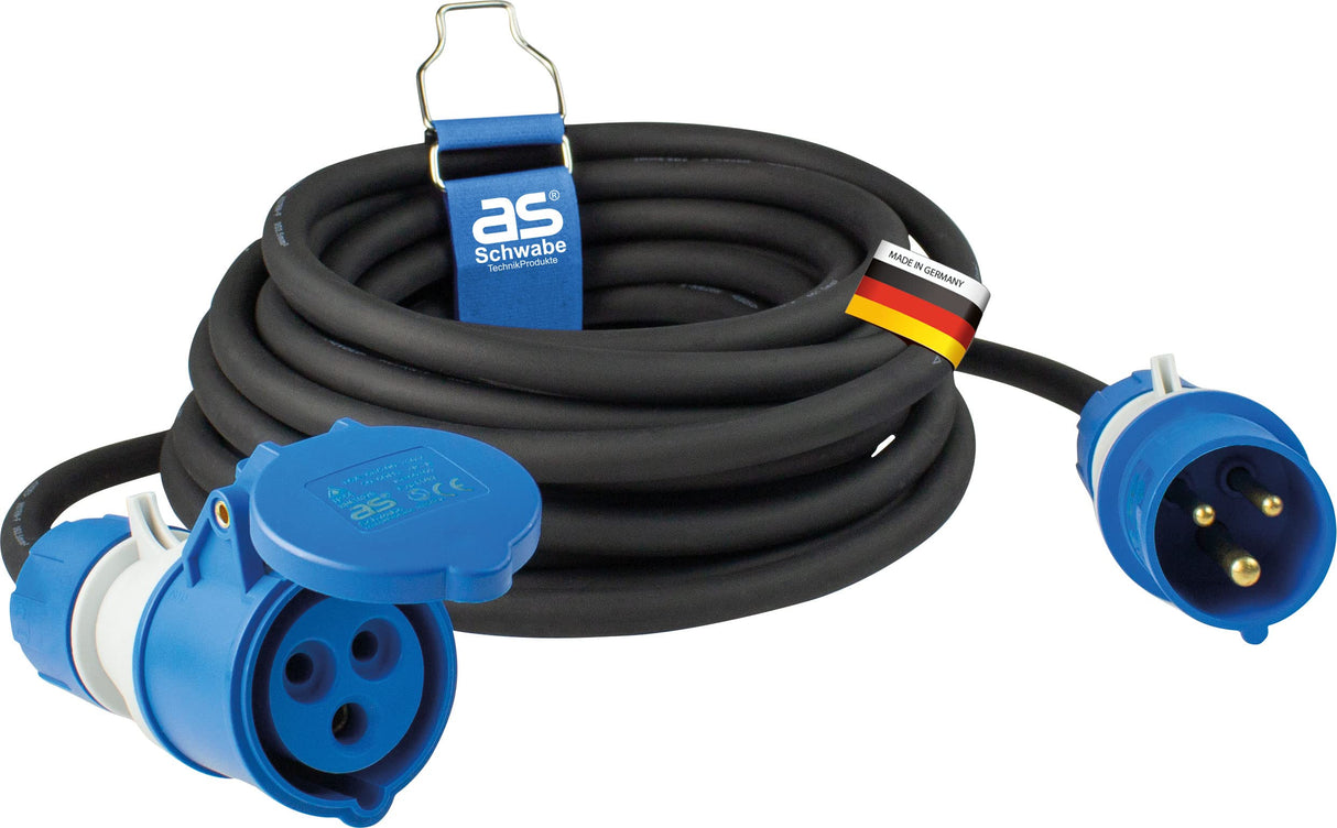 as - Schwabe - Cable de extensión para exteriores 10 m con nuevo indicador de tensión, enchufe y toma de corriente CEE, 3 polos, 230 V /16 A, protección contra agua en exteriores IP44, negro