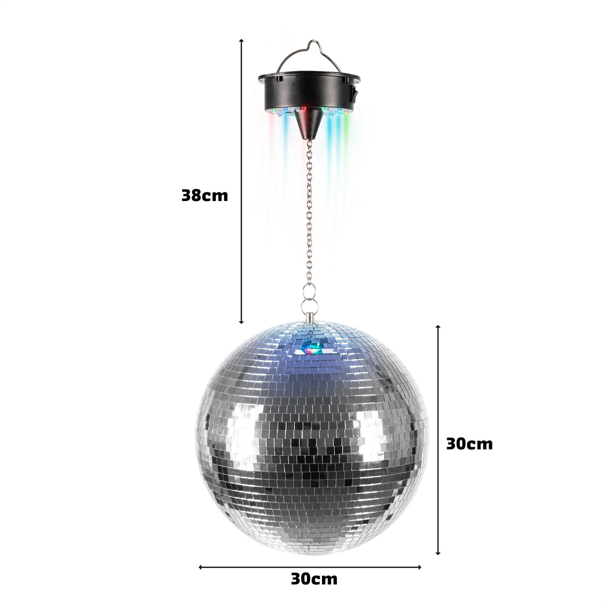 Ibiza - DISCO1-30 - Bola facetada de 30cm de diámetro con base de 18 LED y cadena de 20cm - Funciona con pilas
