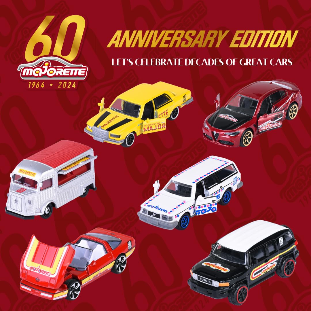Majorette 212057807 - Expositor de cumpleaños de 60 años, 136 vehículos en Miniatura de Metal, Escala 1/64ª, Premium, First Edition, Deluxe, Giftpack