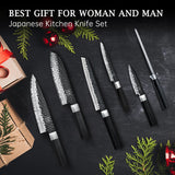 SHAN ZU 7 Piezas Juego de Cuchillos de Cocina con Bloque, Set de Cuchillos Afilados en Acero 9Cr18MOV de 7 Capas, Cuchillo Japonés Forjado a Mano, Bloque de Cuchillo de Chef, Mango G10 - TAKUMI Series