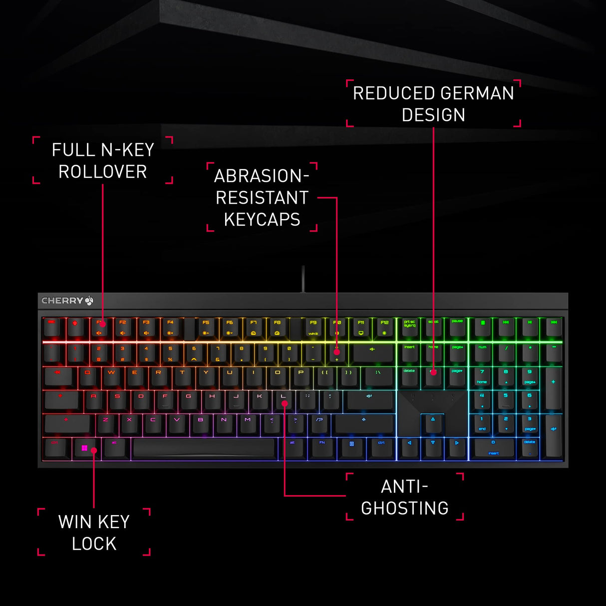 CHERRY MX 2.0S, Teclado Mecánico de Gaming con Iluminación RGB, Distribución de Teclado Europeo (QWERTY), con Cable, Diseñado en Alemania, Switches MX RED, Negro