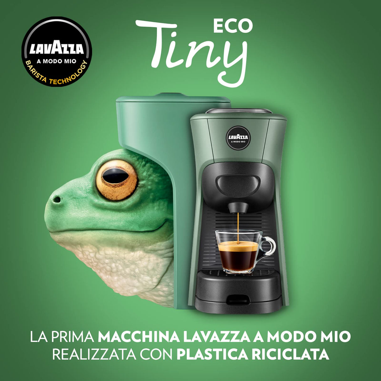 Lavazza, A Modo Mio - Máquina de café Tiny Eco verde con 64 cápsulas ¡Tierra! Surtidas, cafetera expreso de plástico reciclado, 1450 W, 220-240 V, 50/60 Hz, 0,6 litros