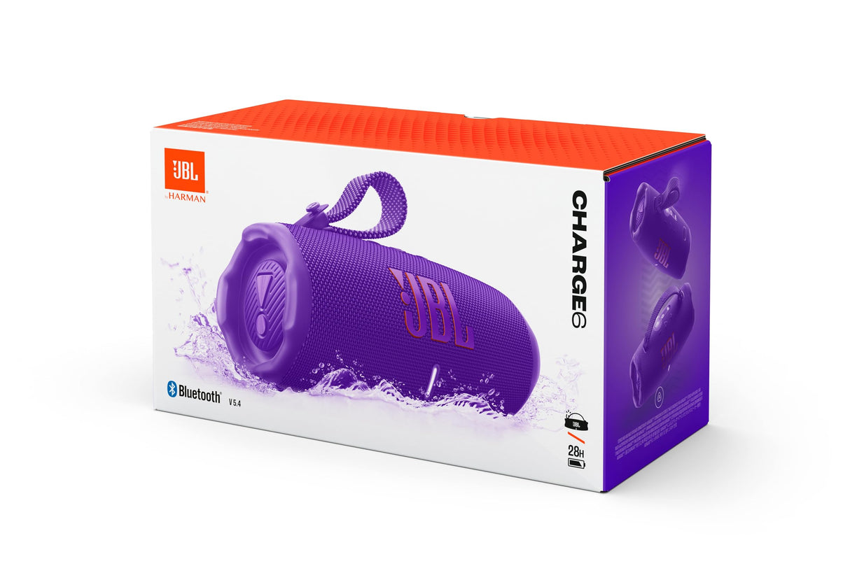 JBL Charge 6, Altavoz Bluetooth portátil inalámbrico, 28h de batería, Resistencia al Agua IP68, a Prueba de Polvo y caídas, Sonido Pro con AI Sound Boost, Compatible con Auracast, Violeta