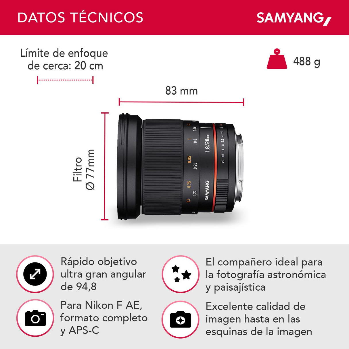Samyang DSLR - Objetivo fotográfico para Nikon F Ae (20 mm, F1.8 ED, AS UMC), Negro