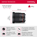 Samyang DSLR - Objetivo fotográfico para Nikon F Ae (20 mm, F1.8 ED, AS UMC), Negro
