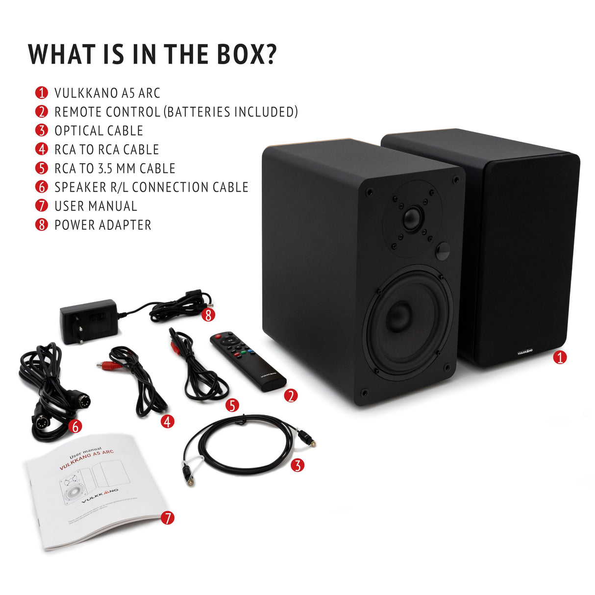 VULKKANO A5 ARC Altavoces Autoamplificados con Woofer de 5.25", Bluetooth 5.0, HDMI ARC, Optica, RCA, USB, con Salida Subwoofer, Altavoces para la TV con Diseño Elegante, Color Negro