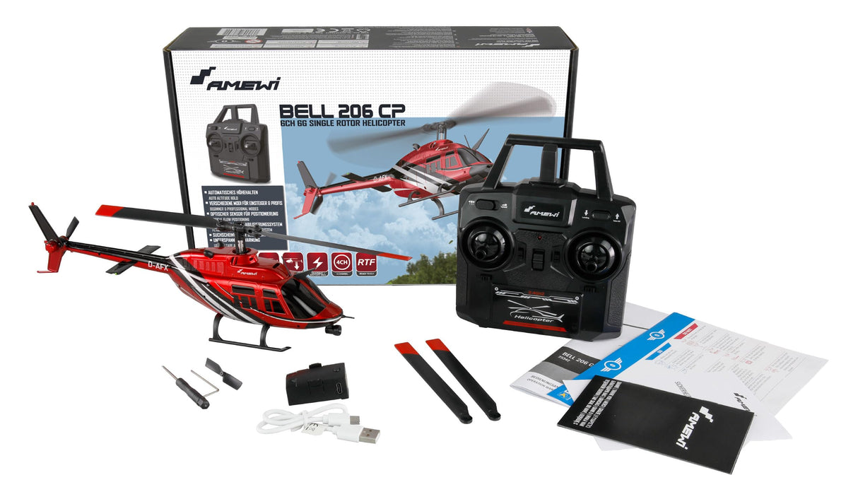 Amewi Bell 206 Jet Ranger CP Helicóptero de 6 Canales 6G RTF teledirigido Helicóptero Heli Scale, Rojo y Negro, 1:33