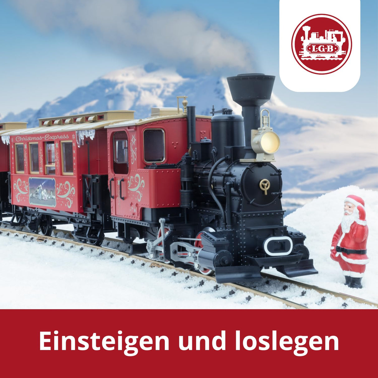 LGB – 70308 Gartenbahn Starter Set de Tren de Navidad con Locomotora y Dos vagones, ferrocarril al Aire Libre, Carril G