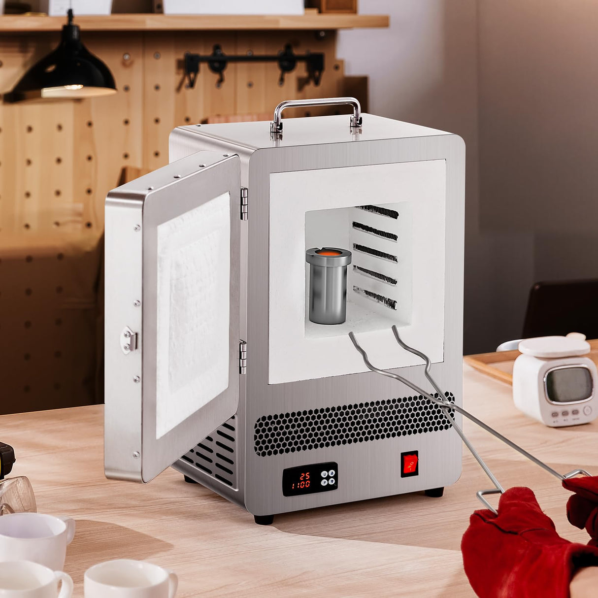 VEVOR Horno Fundidor de Sobremesa, 1500 W Horno Potente Eléctrico de Acero Inoxidable Temperatura Máxima de 1200 ℃ de Fundir Oro para Fundición en Cera, Bricolaje con Arcilla, Templado de Metales