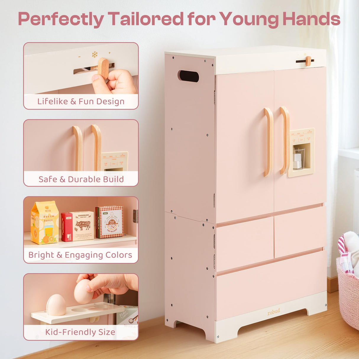 ROBUD Frigorífico de Madera - Realista e Interactivo con máquina de Hielo y Juguetes alimenticios - Apto para niños a Partir de 3 años - Rosa