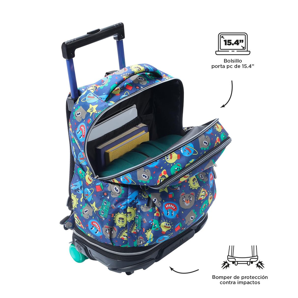 TOTTO - Mochila Escolar con Ruedas Desmontables, Modelo Tiza, Capacidad 26 L, Mochila PC 15.4", Bolsillo Botella, Manija Telescópica, Espaldar Ergonómico y Correas en S, Estampado Tello Azul