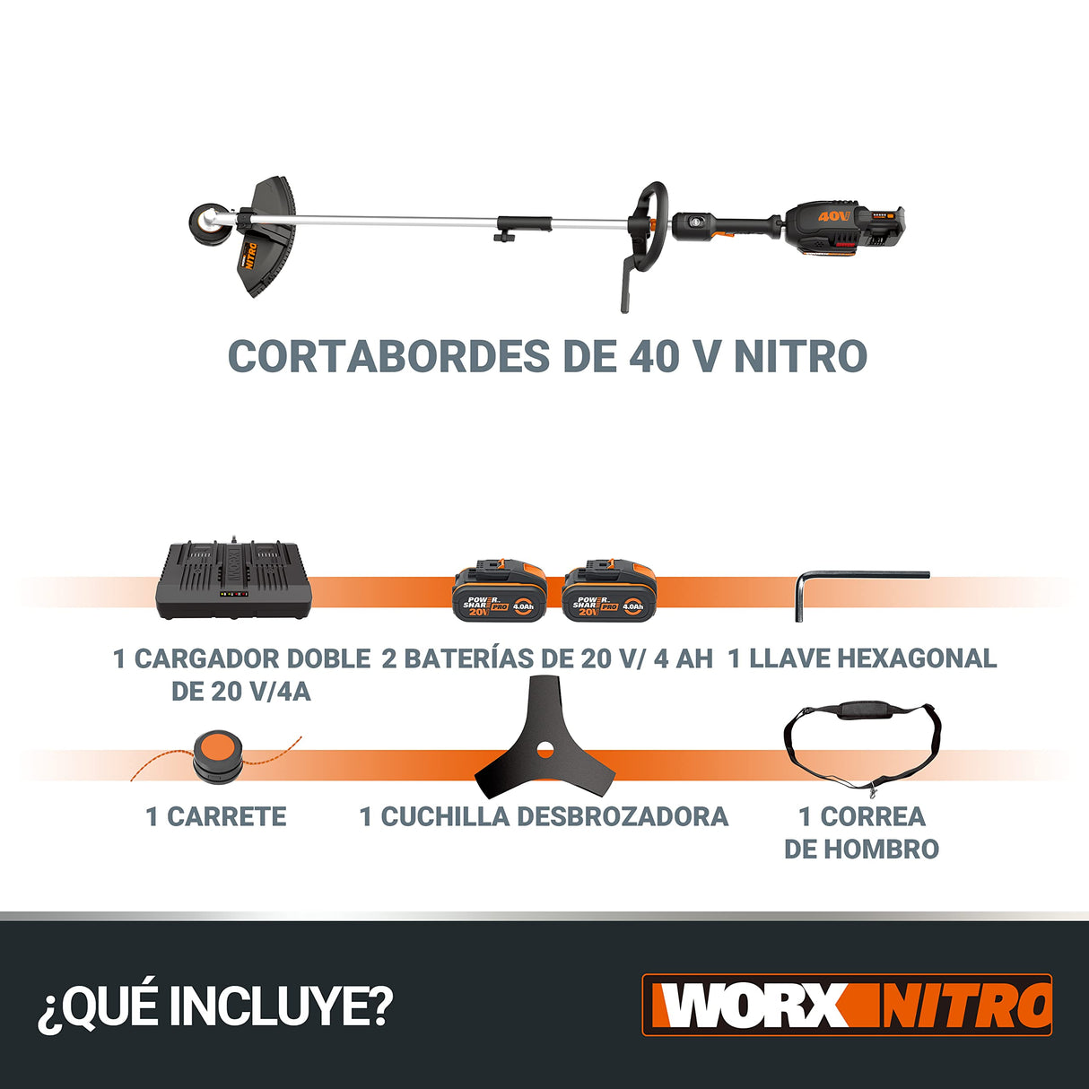 WORX Cortabordes y desbrozadora Nitro 38cm 40V (2x20V) | PowerShare | Motor sin escobillas | WG186E.1-2 baterías 4Ah| Cargador | 2 en 1 | Doble Hilo
