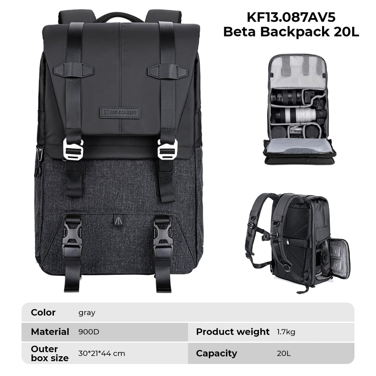 K&F Concept Mochila Camara Multifuncional， Mochila Fotografía Profesional, Mochila Fotográfica para Reflex Impermeable, Bolsa Cámara Compartimento para Portátil de 15.6 Pulgadas(20L) Gris