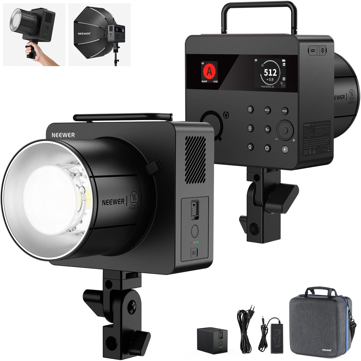 NEEWER Q6 600Ws 2,4G TTL Flash Estudio Exterior con App Control, 1/1 a 1/512, 1/8000 HSS 3000mAh Foto Luz Strobe Batería,30W Lámpara Modelado LED Bicolor/Flash Potencia Total 400/Reciclaje 0,01-0,9s