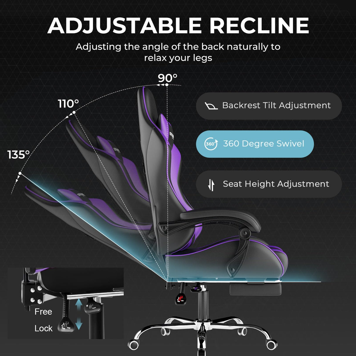 GTPLAYER Silla Gaming con Masajeador Ergonómica Silla Gamer con Reposapiés Reposacabeza, Silla de Oficina Ergonómica, Soporte Lumbar, Silla Juego Ajustable en Altura, Púrpura