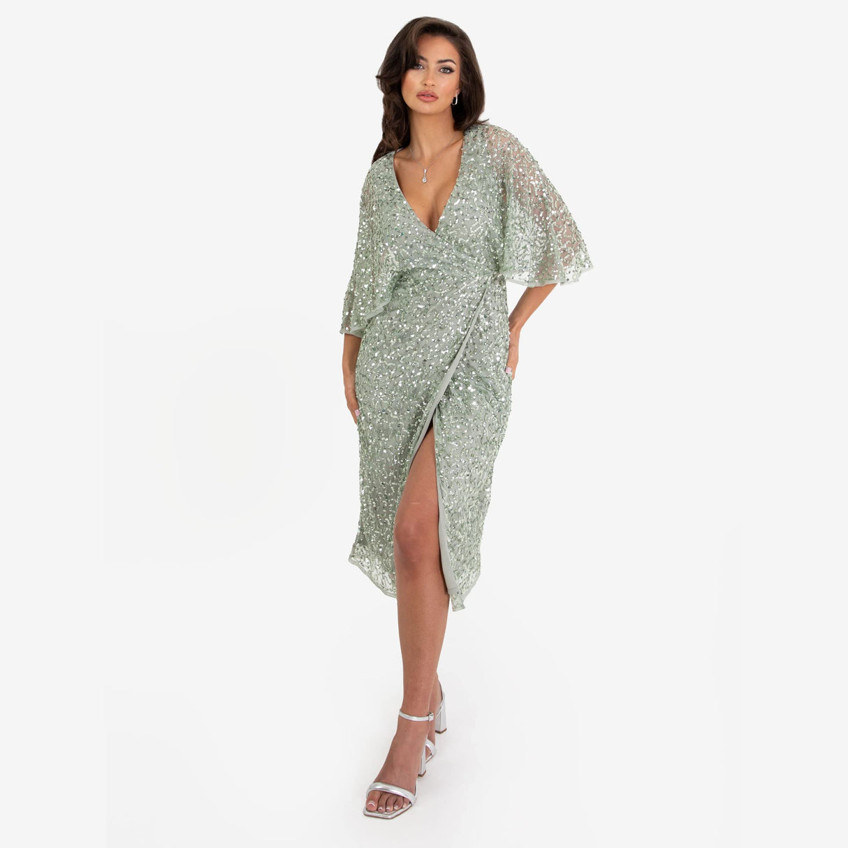 Maya Deluxe Womens Midi Ladies Sequin Embellished Cape Sleeve Wrap Dress for Wedding Guest Bridesmaid Cocktail Prom Evening Vestido, Green Lily, 44 para Mujer