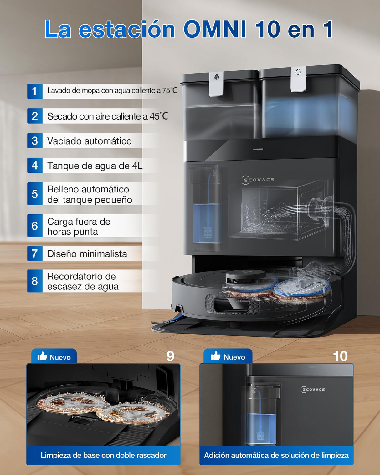 ECOVACS DEEBOT T30C Omni Robot Aspirador y friegasuelos, 20 000 Pa, ZeroTangle 3.0, TruEdge 2.0, TrueMapping 2.0, estación Omni Todo en uno, Sistema de autolimpieza automático, Negro