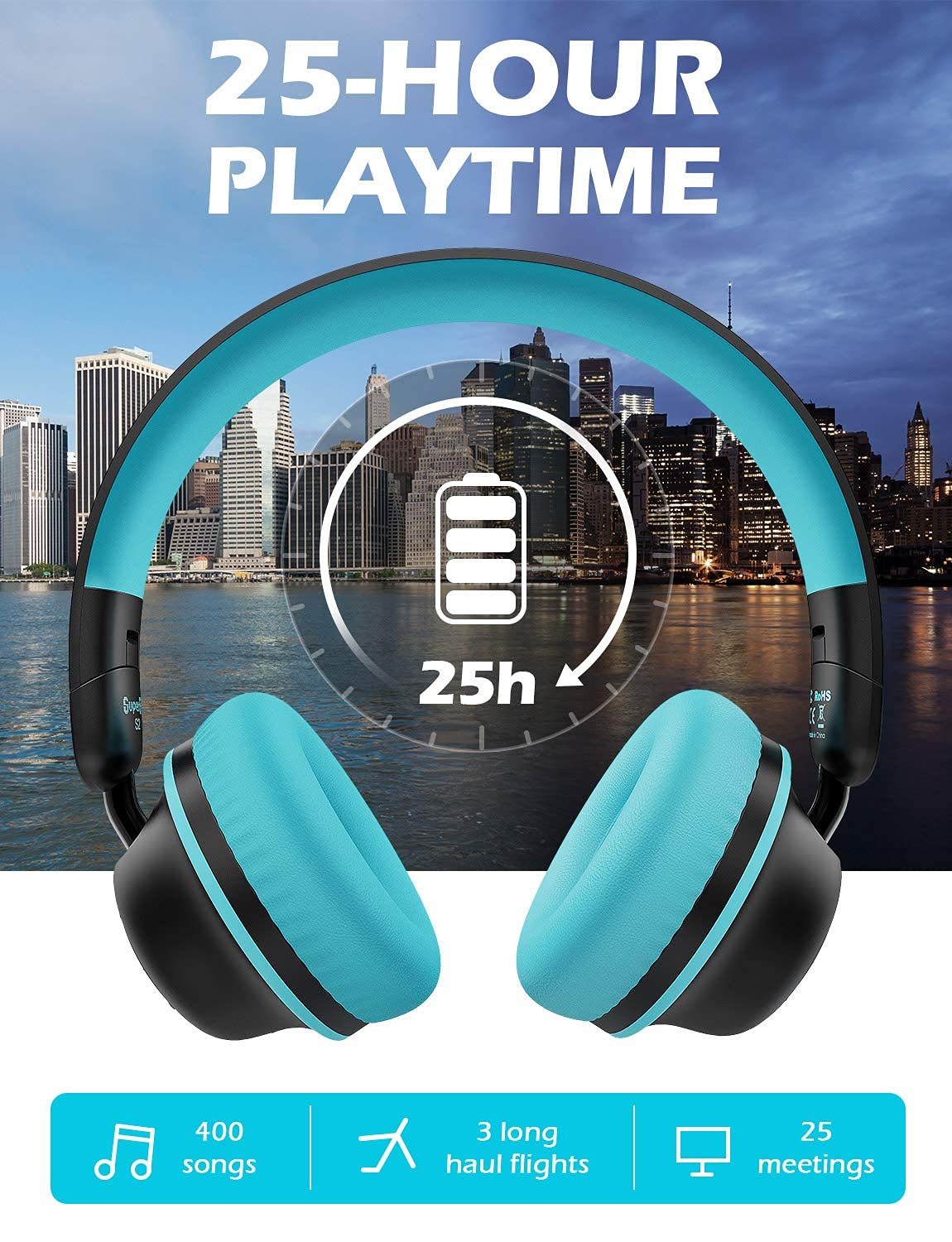 SuperEQ Auriculares con Cancelación Activa de Ruido, S2 Cascos Inalambricos Bluetooth 5.0 con Micrófono CVC 8.0, Bass Profundos, 25 Hrs de Reproducción para PC/Teléfonos Móviles/TV