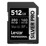 Lexar SILVER PRO Tarjeta SD de 512GB, tarjeta de memoria SD UHS-II, V60, U3, C10, lectura de hasta 280MB/s, escritura de 160MB/s, tarjeta SDXC para DSLR/cámara/fotógrafo/videógrafo (LSDSIPR512G-BNNAA)