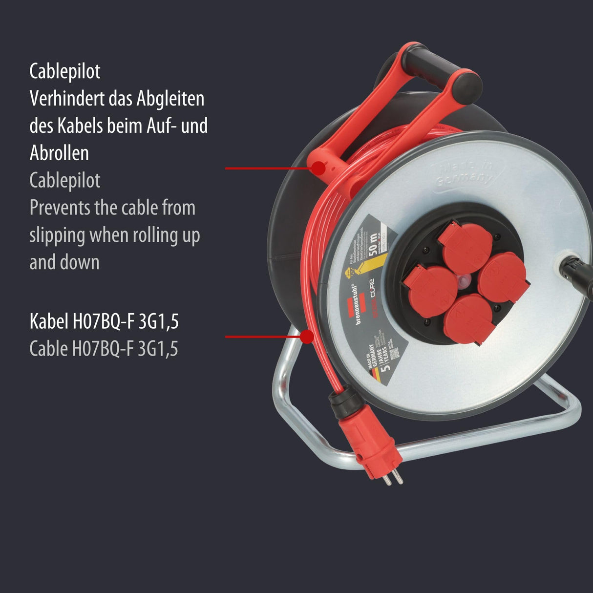Brennenstuhl Professional SteelCore Carrete SC 5110 IP44 (50m H07BQ-F 3G1,5, Cuerpo de Carrete de Chapa de Acero, Uso en Obras de construcción y Uso en Exteriores permanentes, Fabricado en Alemania)